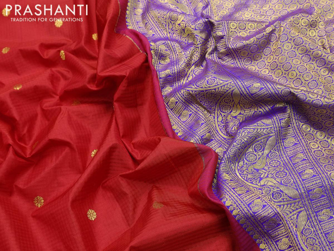 Pure gadwal silk saree red and blue with zari woven buttas and annam zari woven border - {{ collection.title }} by Prashanti Sarees