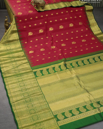 Pure gadwal silk saree red and green with allover zari woven buttas and long zari woven border - {{ collection.title }} by Prashanti Sarees