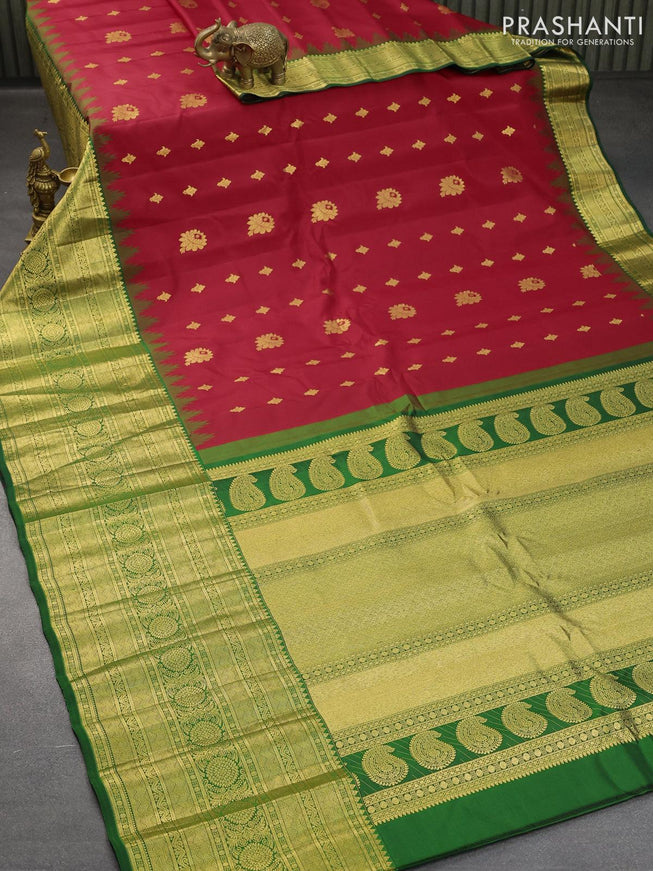 Pure gadwal silk saree red and green with allover zari woven buttas and long zari woven border - {{ collection.title }} by Prashanti Sarees