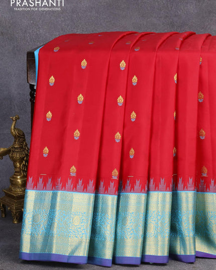 Pure gadwal silk saree red and light blue with zari woven buttas and temple design zari woven border - {{ collection.title }} by Prashanti Sarees