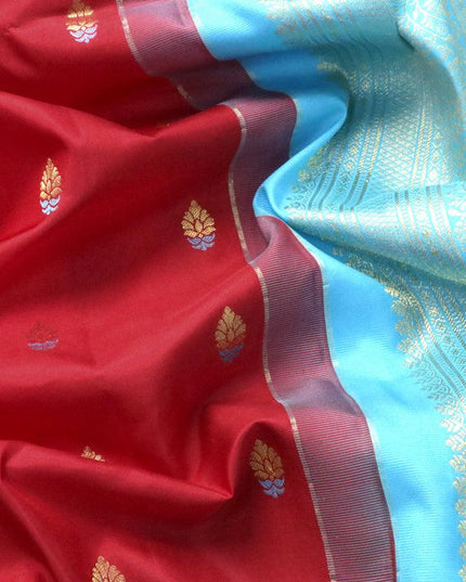 Pure gadwal silk saree red and light blue with zari woven buttas and temple design zari woven border - {{ collection.title }} by Prashanti Sarees