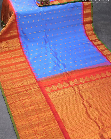 Pure gadwal silk saree royal blue and orange with allover zari woven foral buttas and long rich floral zari woven border - {{ collection.title }} by Prashanti Sarees