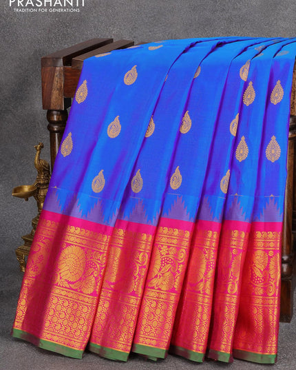 Pure gadwal silk saree royal blue and pink with annam zari woven buttas and temple design long zari woven border - {{ collection.title }} by Prashanti Sarees