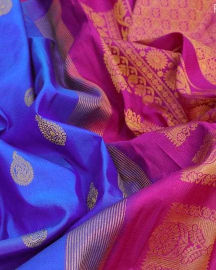 Pure gadwal silk saree royal blue and pink with annam zari woven buttas and temple design long zari woven border - {{ collection.title }} by Prashanti Sarees