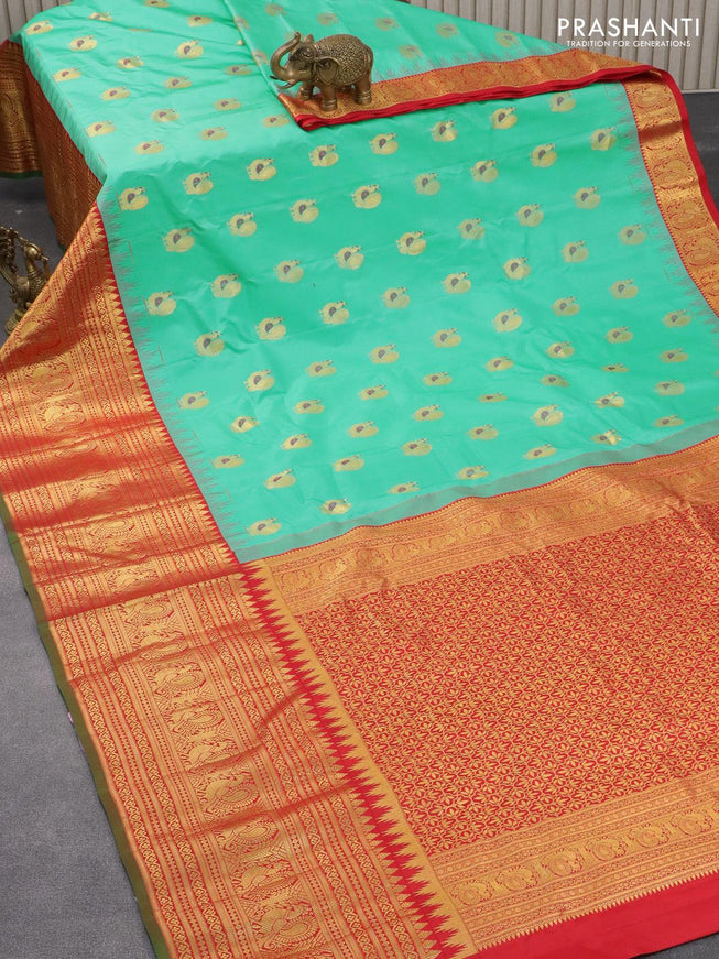 Pure gadwal silk saree teal blue and red with allover annam zari woven buttas and temple design rich annam zari woven border - {{ collection.title }} by Prashanti Sarees