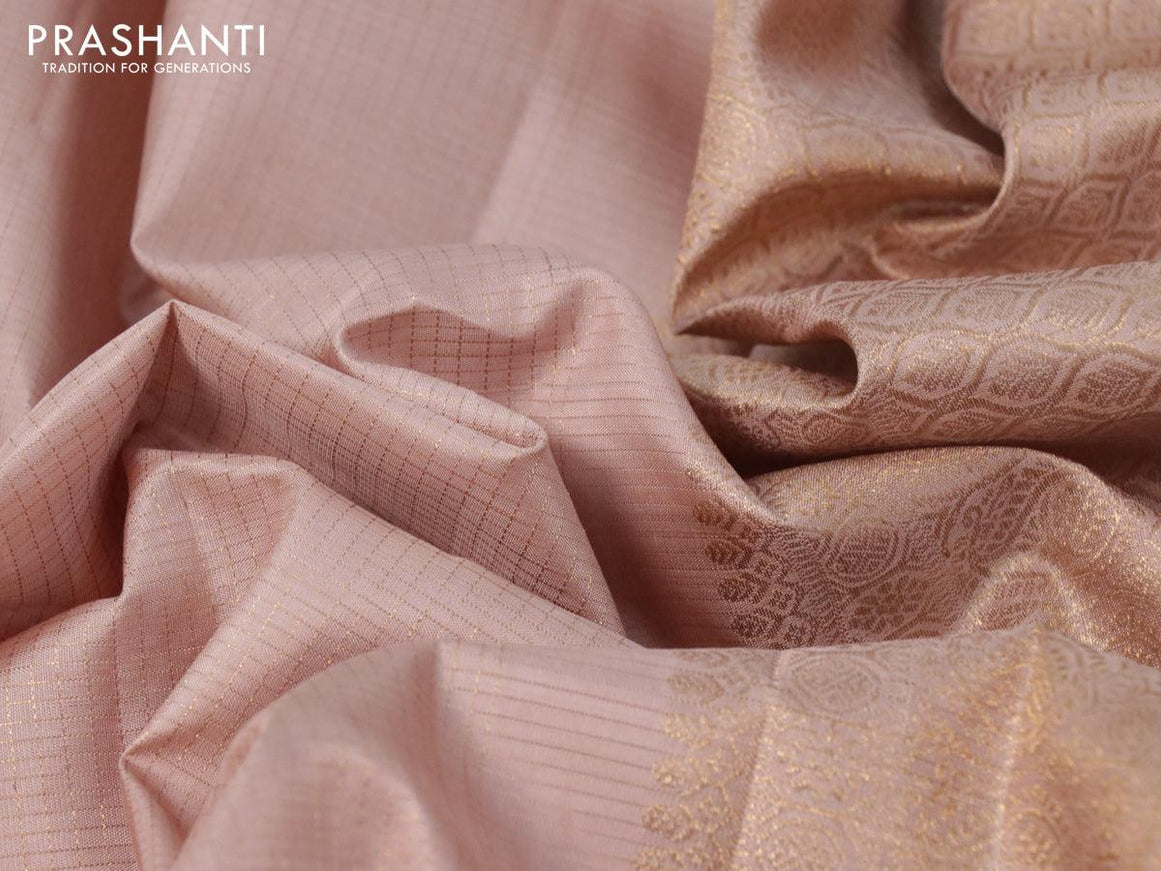 Pure kanjivaram silk saree beige and purple with allover small zari checks and zari woven butta border - {{ collection.title }} by Prashanti Sarees