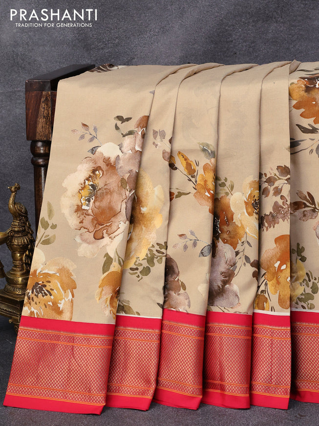 Pure kanjivaram silk saree beige and red with allover floral digital prints and zari woven border - {{ collection.title }} by Prashanti Sarees