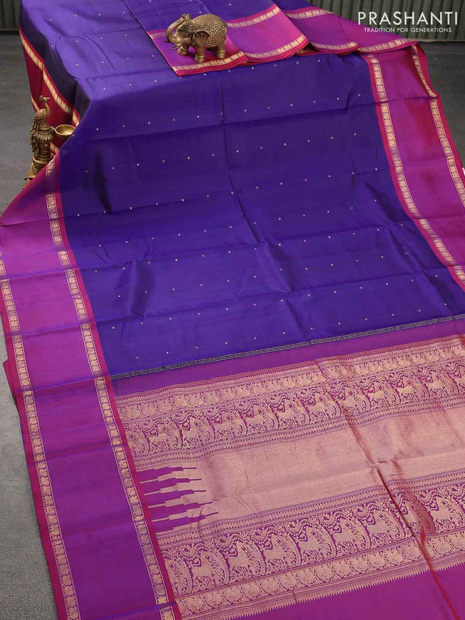 Pure kanjivaram silk saree blue and dual shade of purple with thread & zari woven buttas and rettapet zari woven border - {{ collection.title }} by Prashanti Sarees