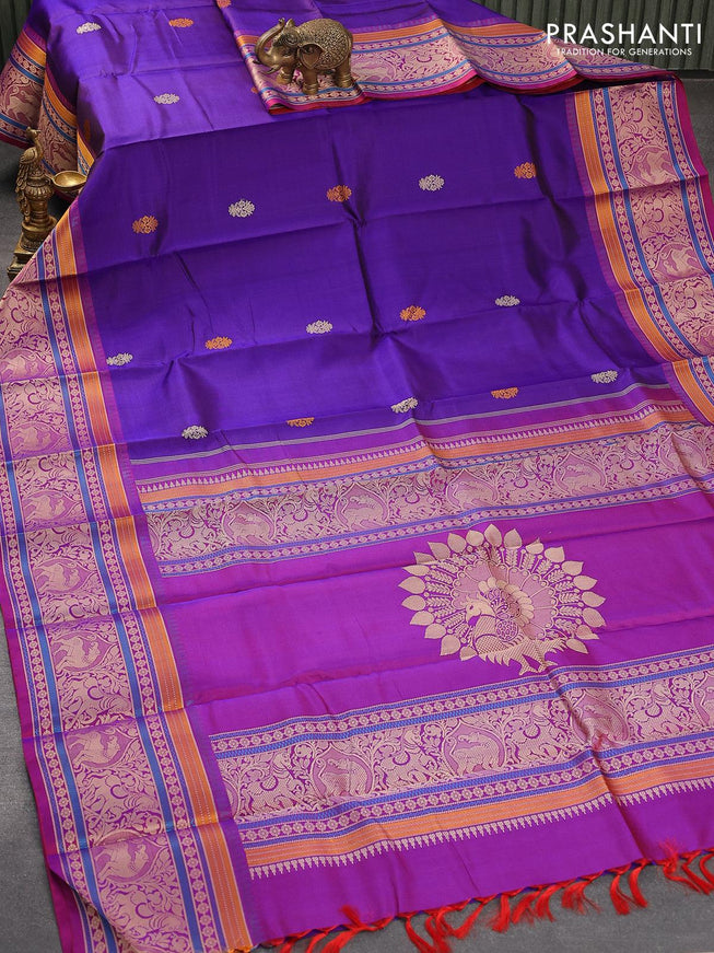 Pure kanjivaram silk saree blue and dual shade of purple with thread woven buttas and thread woven border zero zari - {{ collection.title }} by Prashanti Sarees