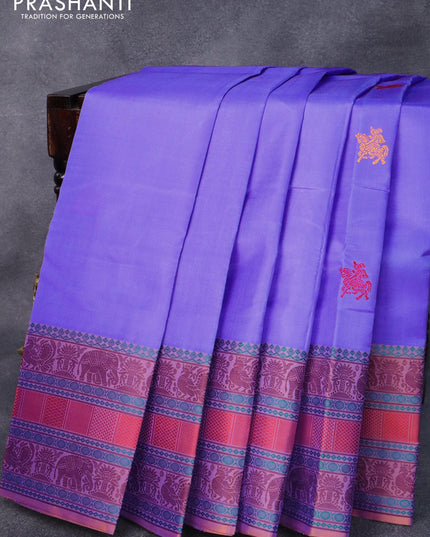 Pure kanjivaram silk saree blue and dual shade of rust with thread woven buttas and thread woven border - {{ collection.title }} by Prashanti Sarees