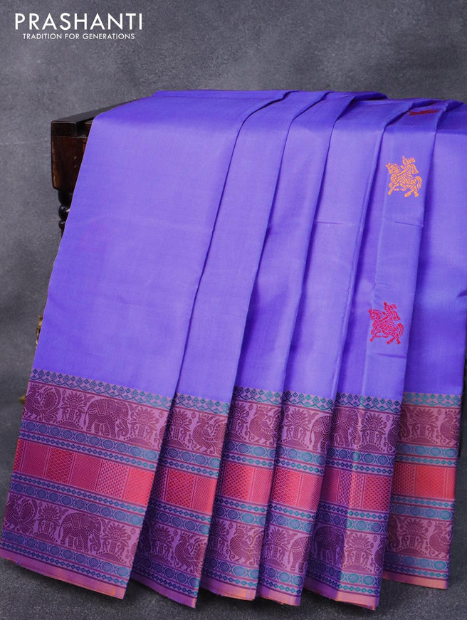 Pure kanjivaram silk saree blue and dual shade of rust with thread woven buttas and thread woven border - {{ collection.title }} by Prashanti Sarees