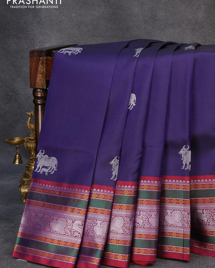 Pure kanjivaram silk saree blue and maroon with thread woven buttas and long thread woven border zero zari - {{ collection.title }} by Prashanti Sarees