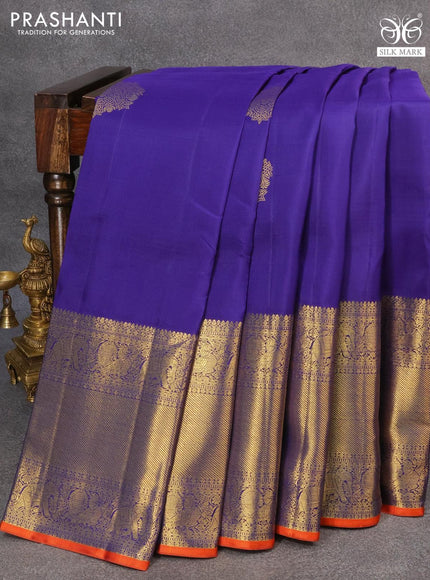 Pure kanjivaram silk saree blue and orange with zari woven buttas and long zari woven border