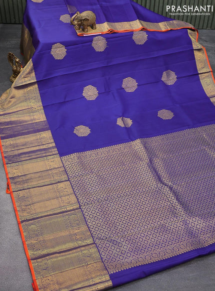 Pure kanjivaram silk saree blue and orange with zari woven buttas and long zari woven border