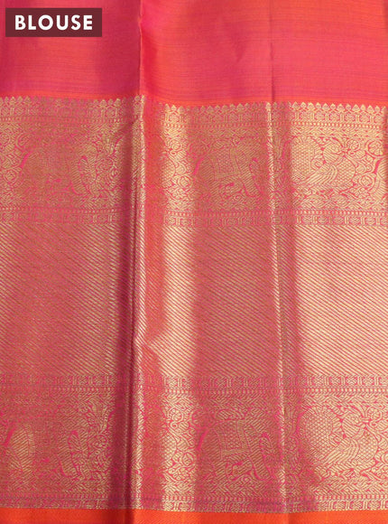 Pure kanjivaram silk saree blue and orange with zari woven buttas and long zari woven border