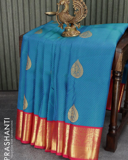 Pure kanjivaram silk saree blue and pink with allover self emboss zari buttas and rich zari woven korvai border - {{ collection.title }} by Prashanti Sarees