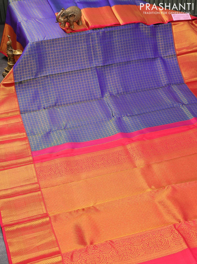 Pure kanjivaram silk saree blue and pink with allover zari checks and zari woven border - {{ collection.title }} by Prashanti Sarees