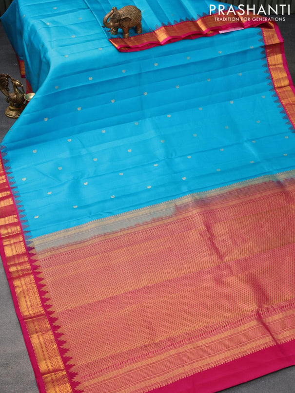 Pure kanjivaram silk saree blue and pink with paisley zari woven buttas and temple design zari woven korvai - {{ collection.title }} by Prashanti Sarees
