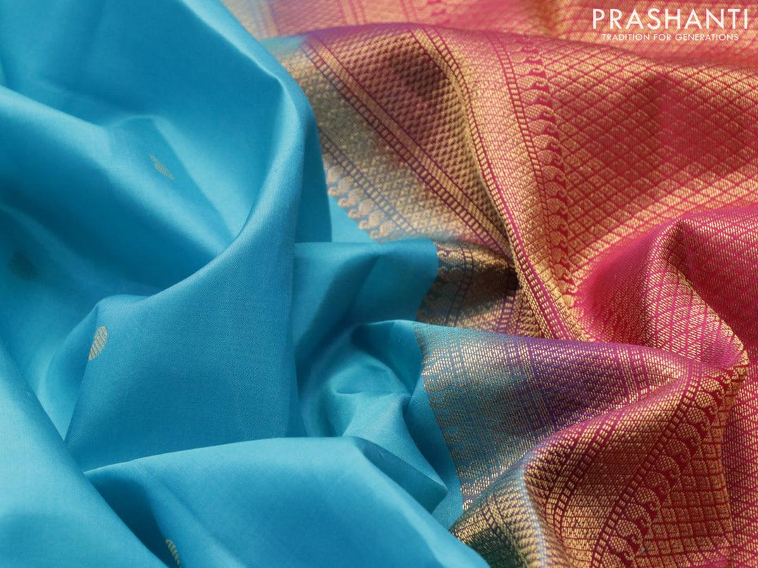Pure kanjivaram silk saree blue and pink with paisley zari woven buttas and temple design zari woven korvai - {{ collection.title }} by Prashanti Sarees