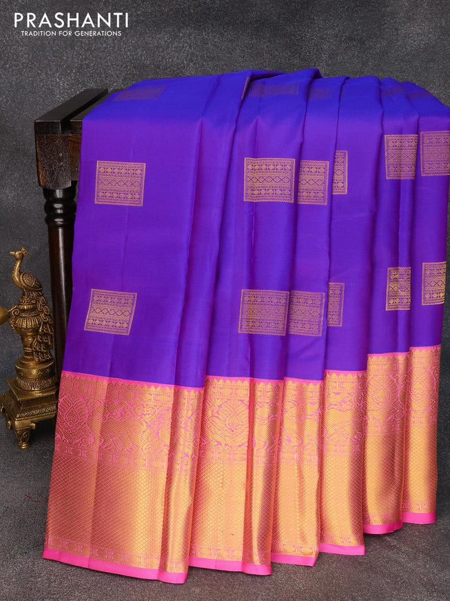 Pure kanjivaram silk saree blue and pink with zari woven buttas and long zari woven border - {{ collection.title }} by Prashanti Sarees