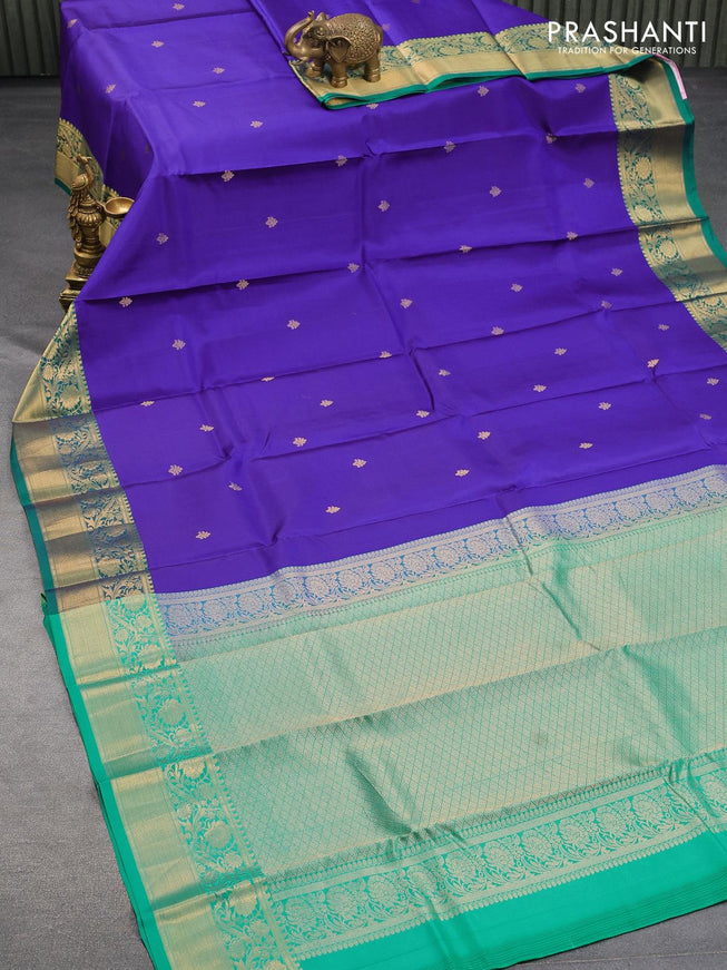 Pure kanjivaram silk saree blue and teal green with zari woven buttas and zari woven border - {{ collection.title }} by Prashanti Sarees