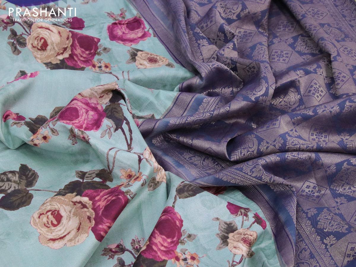Pure kanjivaram silk saree blue shade and blue with allover floral digital prints and rettapet zari woven border - {{ collection.title }} by Prashanti Sarees