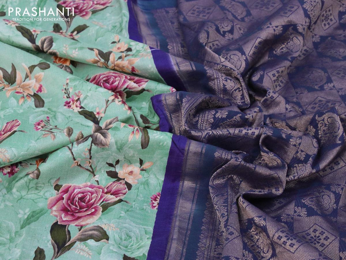 Pure kanjivaram silk saree blue shade with allover floral digital prints and rettapet zari woven border - {{ collection.title }} by Prashanti Sarees