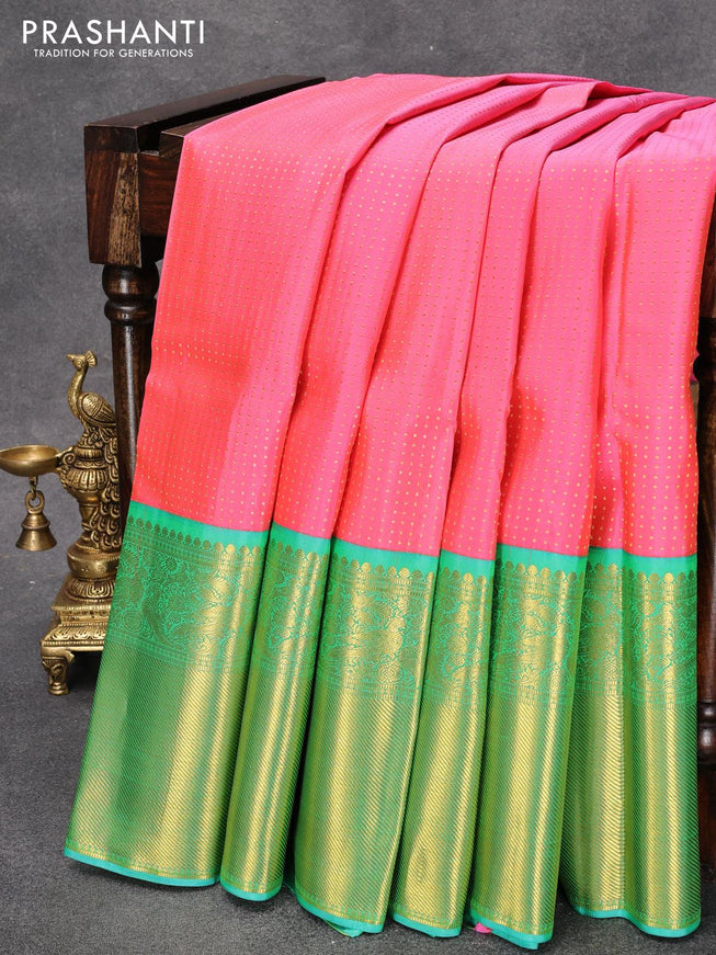 Pure Kanjivaram silk saree candy pink and dual shade of teal blue with allover zari weaves and long zari woven border - {{ collection.title }} by Prashanti Sarees