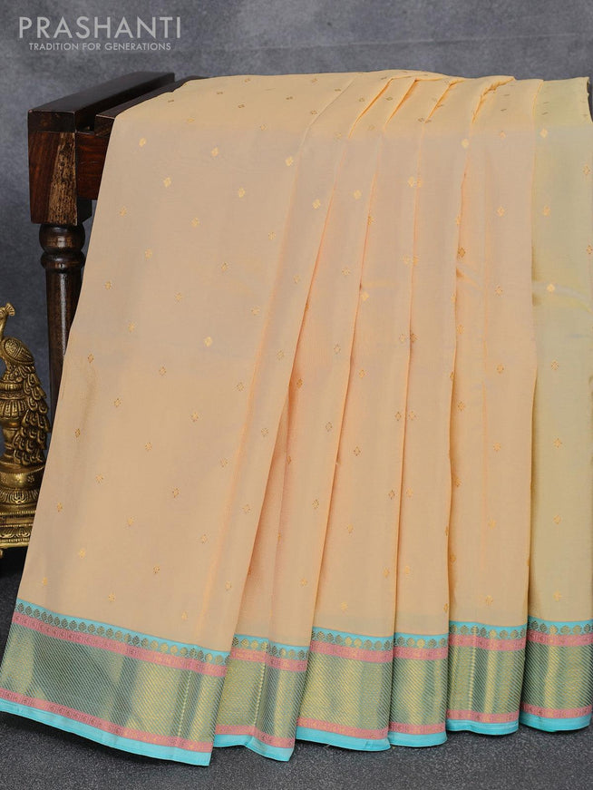Pure kanjivaram silk saree cream and dual shade of teal green with allover zari woven buttas and zari woven border - {{ collection.title }} by Prashanti Sarees