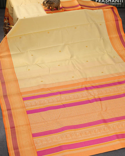Pure kanjivaram silk saree cream and orange with thread woven buttas and thread woven border zero zari - {{ collection.title }} by Prashanti Sarees