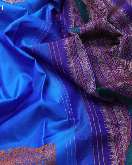 Pure kanjivaram silk saree cs blue and dark blue with thread woven buttas and long thread woven border zero zari - {{ collection.title }} by Prashanti Sarees