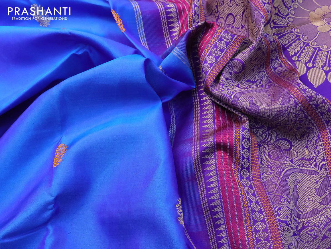 Pure kanjivaram silk saree cs blue and deep violet with thread woven buttas and thread woven border zero zari - {{ collection.title }} by Prashanti Sarees