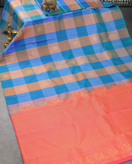 Pure kanjivaram silk saree cs blue and dual shade of pinkish orange with allover paalum pazhamum checks & buttas in borderless style - {{ collection.title }} by Prashanti Sarees