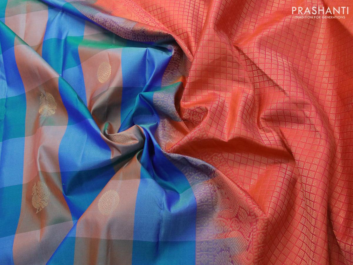 Pure kanjivaram silk saree cs blue and dual shade of pinkish orange with allover paalum pazhamum checks & buttas in borderless style - {{ collection.title }} by Prashanti Sarees