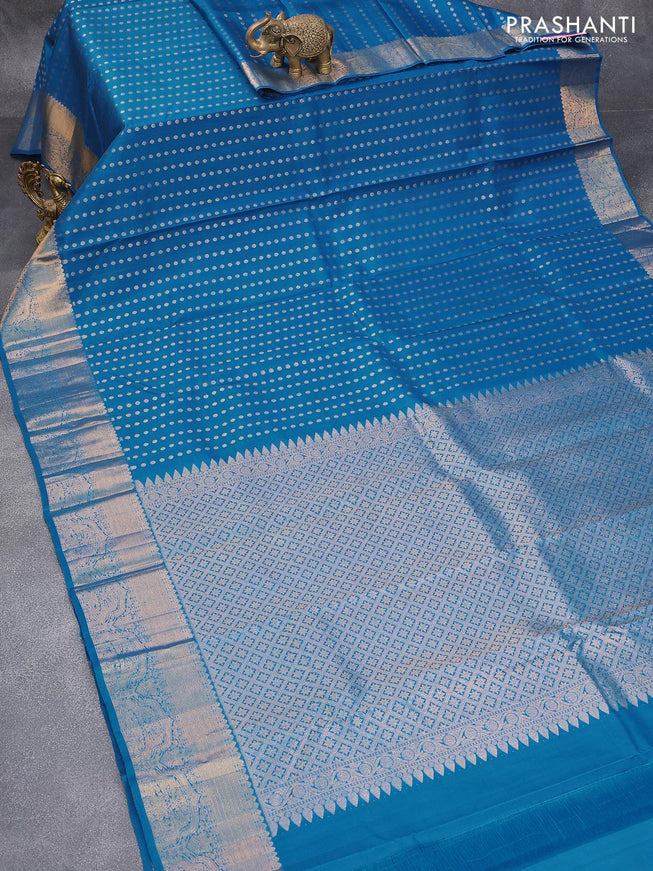 Pure kanjivaram silk saree cs blue with allover zari woven butta weaves and zari woven border - {{ collection.title }} by Prashanti Sarees