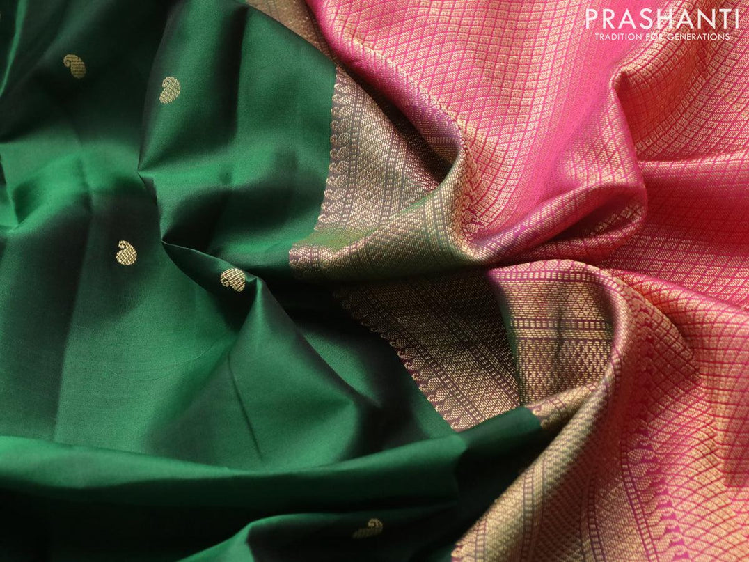 Pure kanjivaram silk saree dark green and pink with paisley zari woven buttas and temple design zari woven korvai - {{ collection.title }} by Prashanti Sarees