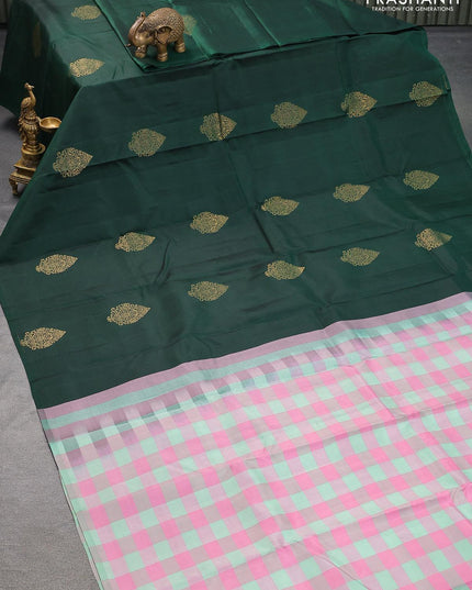 Pure kanjivaram silk saree dark green and teal green light pink with zari woven buttas in borderless style - {{ collection.title }} by Prashanti Sarees