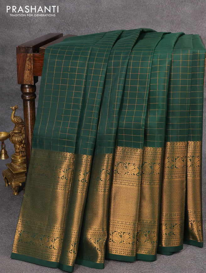 Pure kanjivaram silk saree dark green with allover zari checked pattern and long zari woven border - {{ collection.title }} by Prashanti Sarees