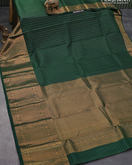 Pure kanjivaram silk saree dark green with allover zari checked pattern and long zari woven border - {{ collection.title }} by Prashanti Sarees