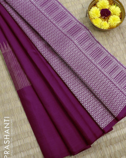 Pure kanjivaram silk saree dark magenta pink with silver & copper zari woven buttas in borderless style - {{ collection.title }} by Prashanti Sarees