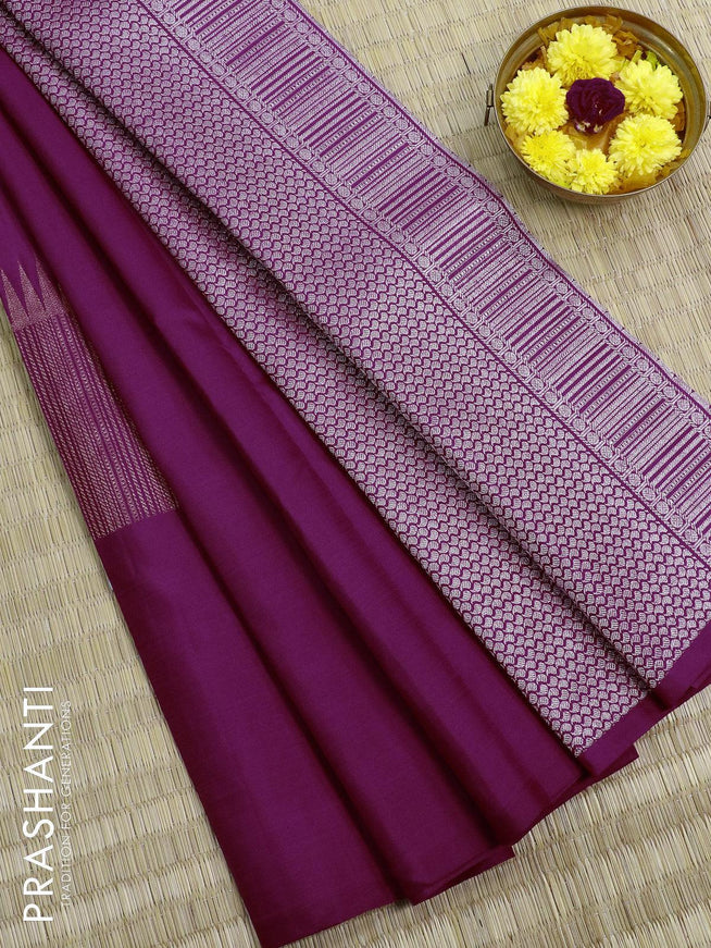 Pure kanjivaram silk saree dark magenta pink with silver & copper zari woven buttas in borderless style - {{ collection.title }} by Prashanti Sarees