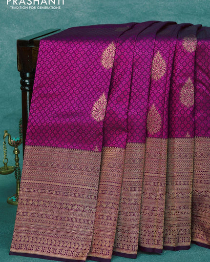 Pure kanjivaram silk saree dark purple with allover self emboss & zari buttas and long zari woven border - {{ collection.title }} by Prashanti Sarees