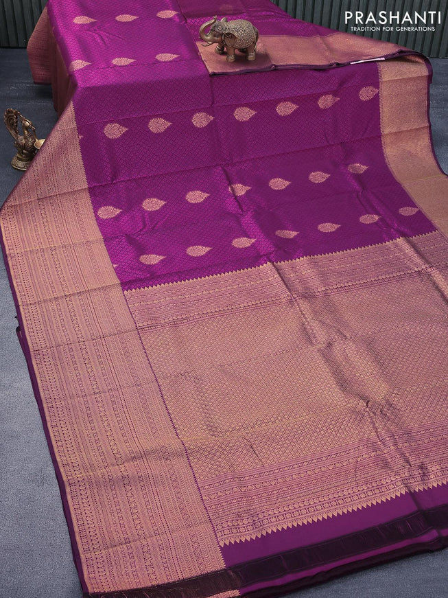 Pure kanjivaram silk saree dark purple with allover self emboss & zari buttas and long zari woven border - {{ collection.title }} by Prashanti Sarees