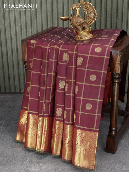 Pure kanjivaram silk saree deep maroon and dual shade of green with allover zari checks & buttas and zari woven border - {{ collection.title }} by Prashanti Sarees