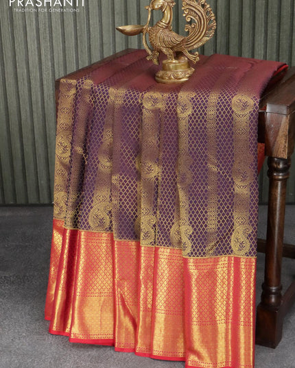 Pure kanjivaram silk saree deep purple and dual shade of pink with allover brocade zari weaves and long zari woven border - {{ collection.title }} by Prashanti Sarees