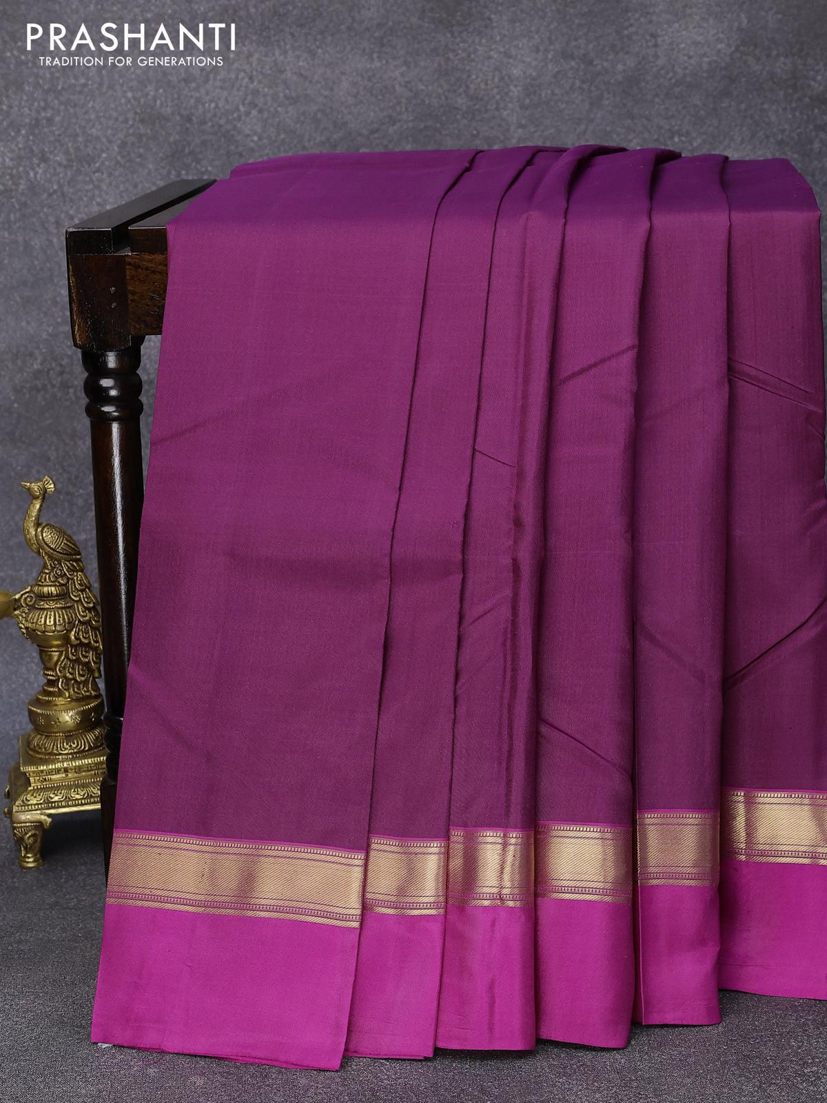 Pure kanjivaram silk saree deep purple and pink with plain body and za ...