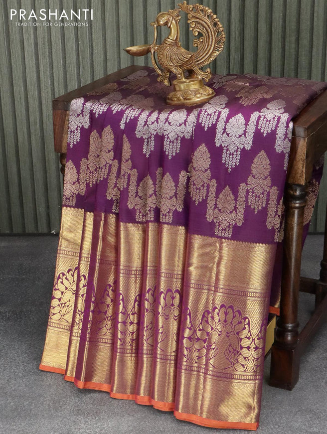 Pure kanjivaram silk saree deep purple and rust with silver and gold zari weaves and long rich zari woven border - {{ collection.title }} by Prashanti Sarees