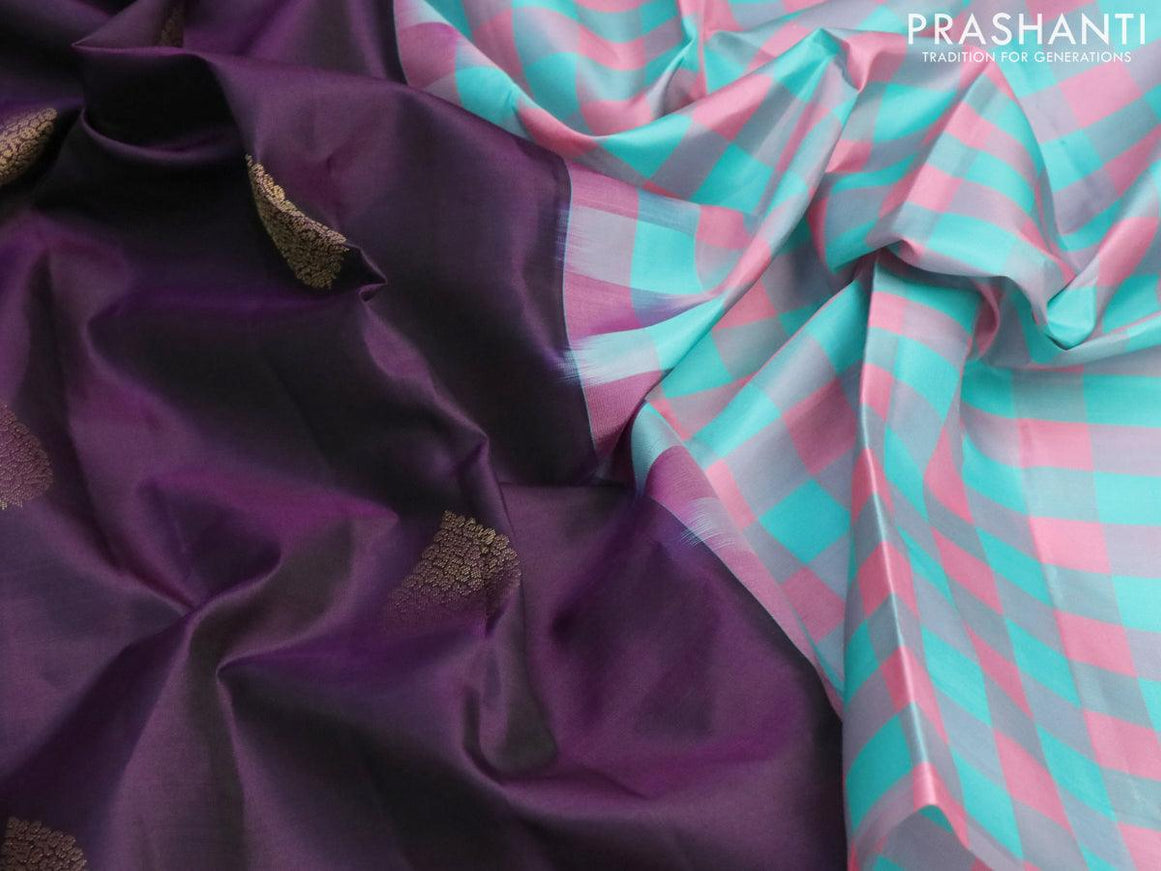 Pure kanjivaram silk saree deep purple and teal blue pink with zari woven buttas in borderless style - {{ collection.title }} by Prashanti Sarees