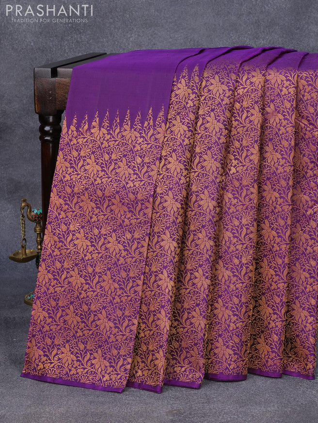 Pure kanjivaram silk saree deep purple with allover zari woven brocade weaves and rising temple border - {{ collection.title }} by Prashanti Sarees