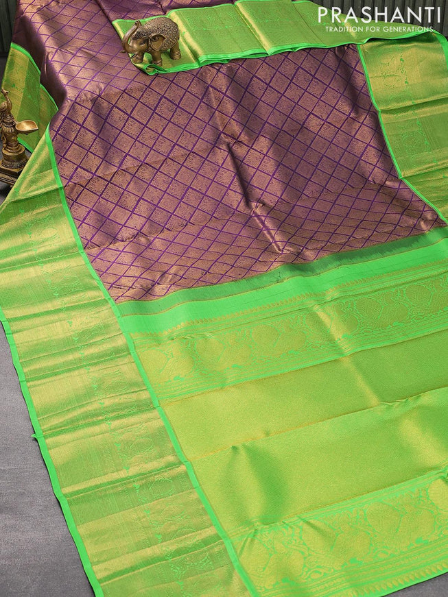Pure kanjivaram silk saree deep violet and light green with allover zari woven brocade weaves and long zari woven border - {{ collection.title }} by Prashanti Sarees